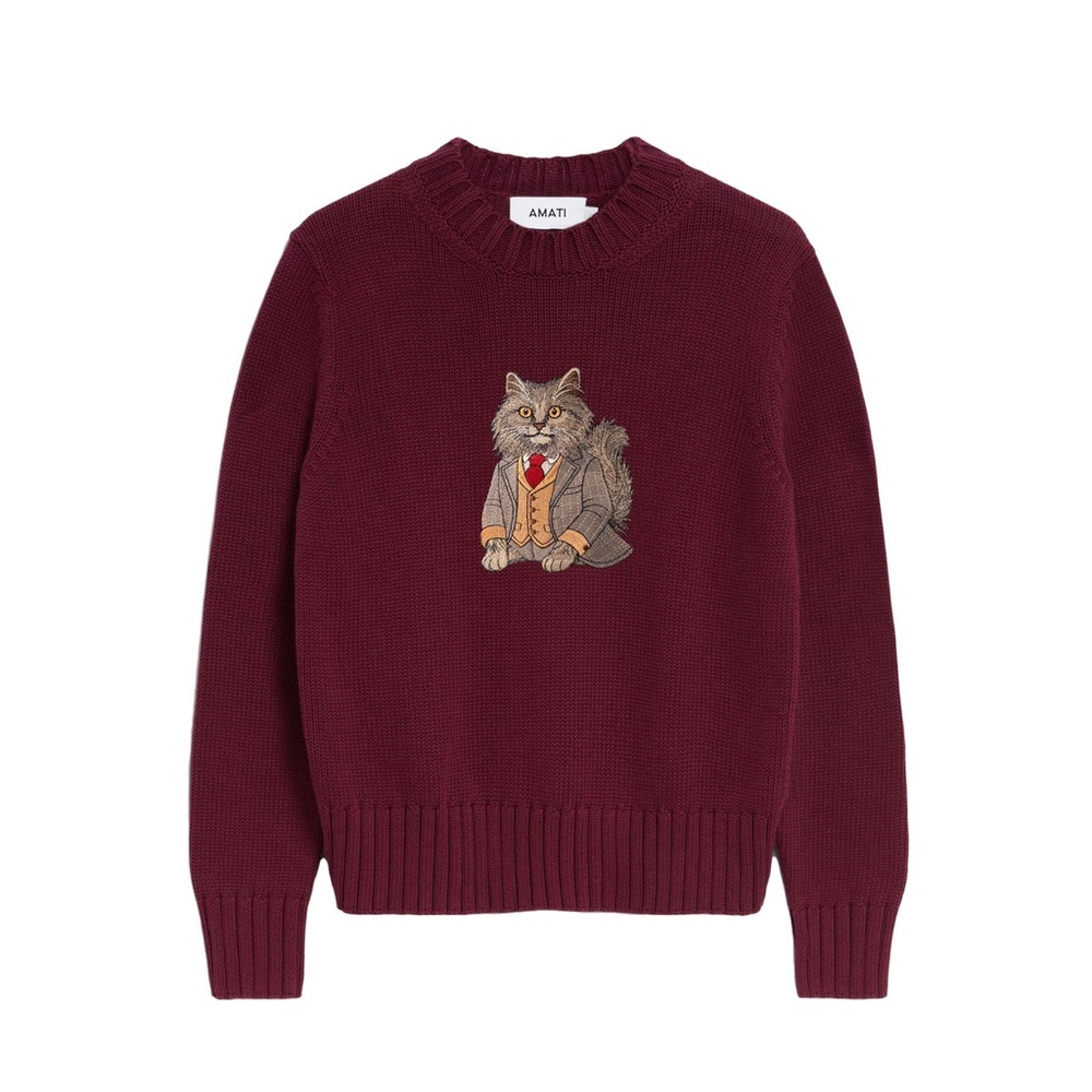 Amati Longhair Cat Embroidered Cotton Knit Sweater - Burgundy Sz L - Picture 8 of 11